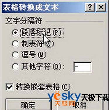 “表格转换成文本”对话框
